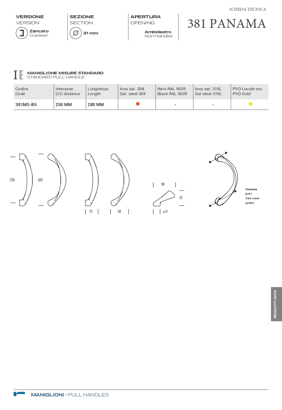 MANIGLIONE PANAMA IN ACCIAIO INOX CODICE A381MSB55SA